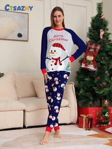 1 Set Women's Christmas Happy Colorblock Raglan Sleeve Snowman Print Long Sleeve Top And All-Over Print Pants Pajama Set, Fall Winter Clothes - Multicolor - View 1