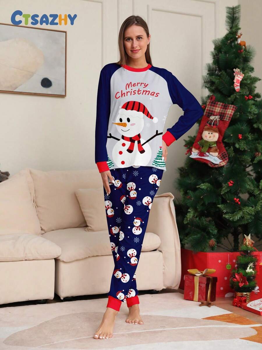 1 Set Women's Christmas Happy Colorblock Raglan Sleeve Snowman Print Long Sleeve Top And All-Over Print Pants Pajama Set, Fall Winter Clothes - Multicolor - View 1
