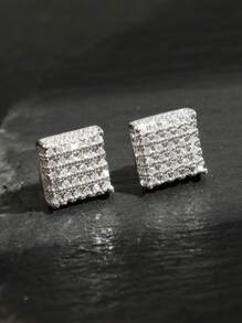 2 件简约铜方晶锆石方形耳钉，适合男士日常佩戴 - 耳環 - 查看 12