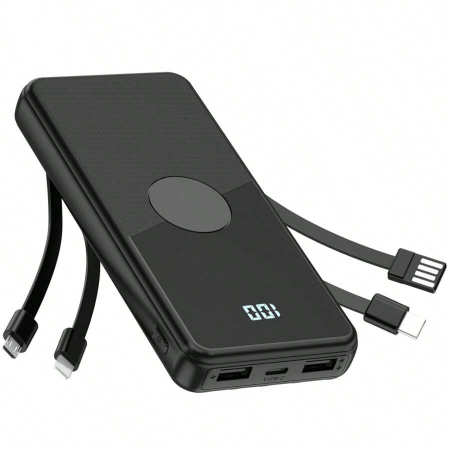 Portable Charger With Built In Cables,High Speed Power Bank 10000mAh Travel Battery Pack 5 Outputs 3 Inputs Portable Phone Charger Backup Battery For Android Cell Phone, IPad,Tablets - 黑色 - 查看 1