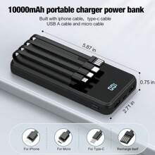 Portable Charger With Built In Cables,High Speed Power Bank 10000mAh Travel Battery Pack 5 Outputs 3 Inputs Portable Phone Charger Backup Battery For Android Cell Phone, IPad,Tablets - 黑色 - 查看 2