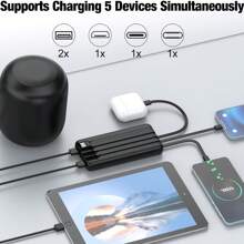 Portable Charger With Built In Cables,High Speed Power Bank 10000mAh Travel Battery Pack 5 Outputs 3 Inputs Portable Phone Charger Backup Battery For Android Cell Phone, IPad,Tablets - 黑色 - 查看 3