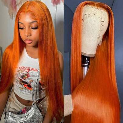 13x4 Ingwer Orange Lace Front Perücken Echthaar Halloween Kostüme Gerade Ingwer Lace Frontal Perücken Echthaar Orange Frontal Perücken Echthaar für Frauen Vorausgerupft Natürliche Haaransatz mit Baby Haar 180% Dichte Halloween Kostüme