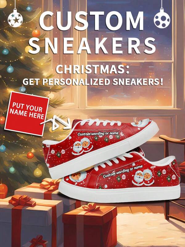 1 par de sandalias personalizadas con nombre navideño, zapatillas de deporte de foto personalizada de Papá Noel, zapatillas de deporte con nombre personalizado para vacaciones, zapatillas de deporte personalizadas con diseño festivo, zapatillas de deporte con foto única, zapatillas de deporte personalizadas para él y ella, zapatillas de deporte casuales personalizadas, regalo de Navidad perfecto para mamá/papá/ella/él/novia/novio/esposa/esposo/amigo