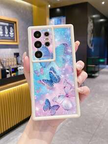 Funda antichoque para teléfono móvil con diseño estético de mariposa azul y rosa, compatible con iPhone/Galaxy/Infinix/Redmi/OPPO/VIVO/MOTO/Honor/Oneplus/Itel/Tecno - Blanco - Ver 3