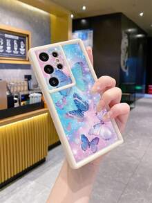 Funda antichoque para teléfono móvil con diseño estético de mariposa azul y rosa, compatible con iPhone/Galaxy/Infinix/Redmi/OPPO/VIVO/MOTO/Honor/Oneplus/Itel/Tecno - Blanco - Ver 2
