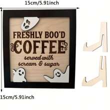1 Piece 3D Double Wooden Coffee Sign, Fun Halloween Theme "Fresh Boo Coffee", With Ghost Accent, Classic Home Decoration Style, Holiday Kitchen Logo With Bracket Best Gifts Birthday Halloween Decor Fall Decor Room Decor Autumn Decor - Multicolor - View 3