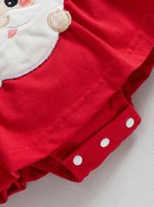 新生女宝宝圣诞服装长袖荷叶边可爱圣诞老人连体衣连衣裙婴儿套装 - 紅白色 - 查看 6