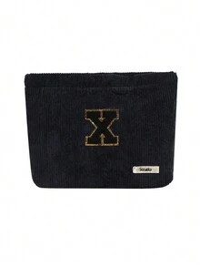 Túi cầm tay nhung kẻ, Túi đựng đồ trang điểm, Túi đựng đồ sọc đơn giản khi đi du lịch, Khăn đen thêu chữ A-Z, Ví đựng mỹ phẩm màu trơn, Túi đựng đồ trang điểm du lịch nhung kẻ dung tích lớn: Hoàn hảo cho việc làm đẹp khi di chuyển! Túi đựng đồ mỹ phẩm du lịch, Đơn giản và cao cấp, Đựng phụ kiện, Thích hợp để cất giữ trong ký túc xá, Du lịch, Đi công tác, Bơi lội, Đựng đồ tại nhà - màu đen - Xem 36