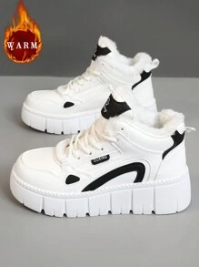 1 Pair Women Multi-Purpose Fashion Solid Color Fleece Thick Warm Winter Casual Leather Surface Waterproof Thick-Soled Casual Sneakers High-Top Snow Boots, Versatile Casual Shoes Outdoor Sports Footwear