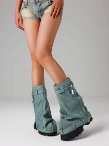 Punk Goth Women Combat Boots Metal Chunky Heel Platfrom Fold Over Boots Metal Denim Mid Calf Sexy Cool Fashion Shoes - 藍色 - 查看 6