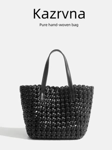Women Handbags Lightweight Pu Leather Casual Travel Vacation Ladies Top Handle Cross Body Shoulder Bucket Bag Small Tote Woven Bag Suitable For All Seasons,Black - Black - View 1