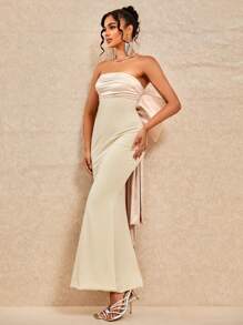 Vestido de novia blanco elegante con gran lazo en la espalda y escote sin tirantes para el Día de San Valentín, temporada de bodas, fiestas, vacaciones y regreso a clases - Albaricoque - Ver 6