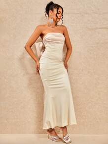 Vestido de novia blanco elegante con gran lazo en la espalda y escote sin tirantes para el Día de San Valentín, temporada de bodas, fiestas, vacaciones y regreso a clases - Albaricoque - Ver 8
