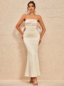 Vestido de novia blanco elegante con gran lazo en la espalda y escote sin tirantes para el Día de San Valentín, temporada de bodas, fiestas, vacaciones y regreso a clases - Albaricoque - Ver 3