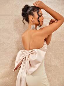 Vestido de novia blanco elegante con gran lazo en la espalda y escote sin tirantes para el Día de San Valentín, temporada de bodas, fiestas, vacaciones y regreso a clases - Albaricoque - Ver 2