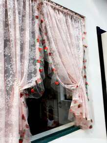 1 件，复古粉色花卉提花薄纱窗帘，带亮片草莓荷叶边花边，浪漫咖啡厅门帘厨房家居装饰薄纱窗帘