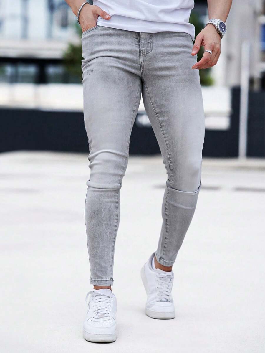 GINGTTO Men's Pocket Casual Simple Denim Long Pants, Daily Wear - Grey - View 1