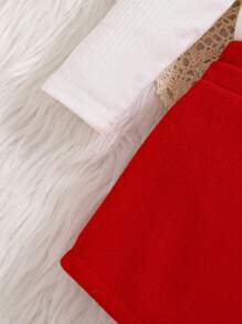 女婴白色长袖上衣配红色蝴蝶结装饰和红色设计裙子套装，秋冬 - 紅色 - 查看 5