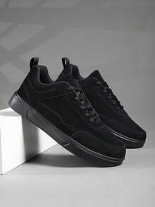 男士时尚系带皮革网眼拼接休闲运动鞋，百搭户外简约街头跑步高帮鞋 - 黑色 - 查看 5