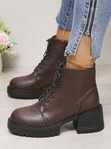 Women's New Platform Thick Sole Comfortable Side Zipper Ankle Boots, Round Toe Motorcycle Boots, Outdoor Round Toe Side Zip Lace-Up Naked Boots, Coffee Color