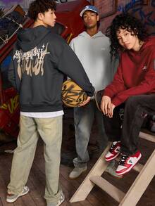 UZISER 休闲学院风宽松防风男士个性化图案斜插手口袋落肩套头连帽衫 - 深灰色 - 查看 3