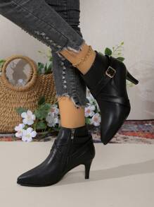 秋冬新款时尚细跟派对连衣裙女高跟踝靴侧拉链尖头英伦风黑色靴子，女靴，猫跟 - 黑色 - 查看 2