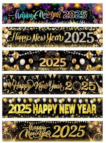 1 件，2025 新年快乐横幅，40*200 厘米涤纶黑金气球烟花倒计时时钟图案新年悬挂横幅，适用于家庭围栏庭院标志、花园、室内室外装饰欢迎活动装饰，2025 年新年快乐庆祝派对装饰，圣诞节 - 彩色 - 查看 2