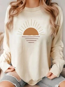 Áo thun dài tay cổ tròn in họa tiết hoàng hôn đơn giản, giản dị, thu đông 2025 dành cho nữ. Mặc áo thun dài tay dành cho nữ và tận hưởng vẻ ngoài thoải mái, sành điệu. Những chiếc áo này bền, thoải mái khi mặc và hoàn hảo để mặc hàng ngày, đi chơi cuối tuần hoặc tụ tập thường ngày. - Màu be - Xem 1