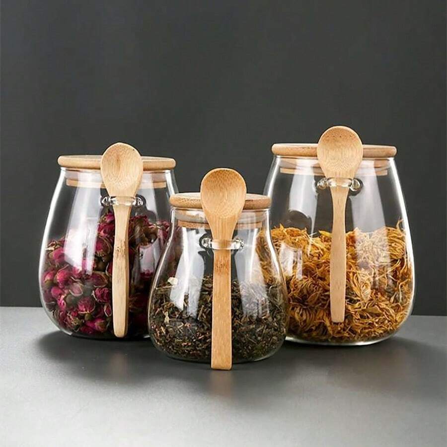 1pc Transparent Glass Storage Jar With Wooden Spoon, Glass Bottle, Available In Multiple Capacities, Mixed Grains & Snacks Sealed Canister, Multi-Purpose Food Storage Container For Dry Goods, Nuts And Spices, Kitchen Supplies