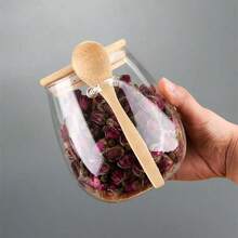 1pc Transparent Glass Storage Jar With Wooden Spoon, Glass Bottle, Available In Multiple Capacities, Mixed Grains & Snacks Sealed Canister, Multi-Purpose Food Storage Container For Dry Goods, Nuts And Spices, Kitchen Supplies