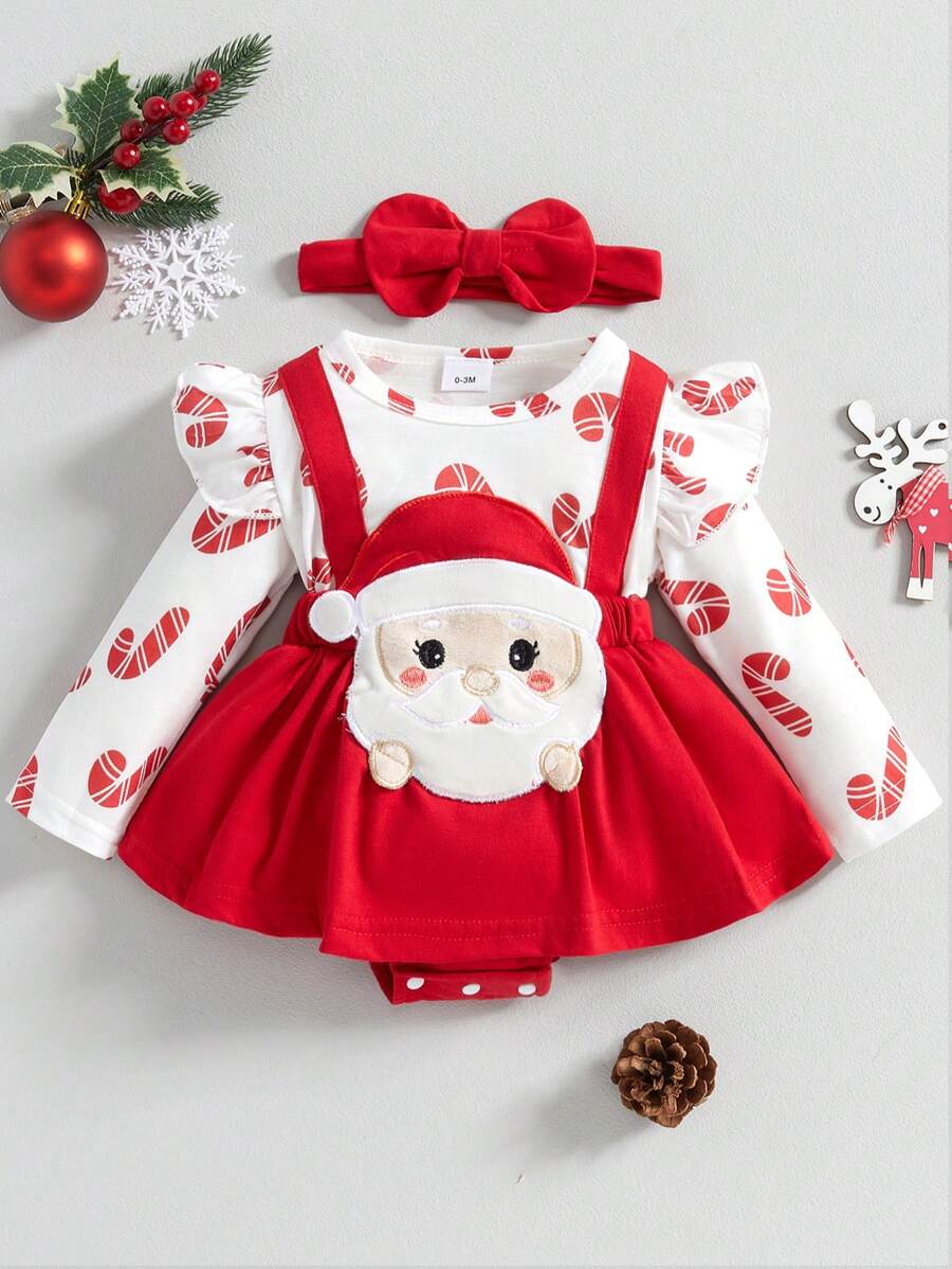 新生女宝宝圣诞服装长袖荷叶边可爱圣诞老人连体衣连衣裙婴儿套装 - 紅白色 - 查看 1