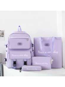 4pcs/Set Customized Backpack, Handbag, Clutch, Pencil Case, Shoulder Bag, Storage Bag, Fashion Minimalist Design, Suitable For School, University, High School, Middle School, Elementary, Large Capacity, Foldable, Multi-Pocket, Customizable Name, DIY Gift, Back To School, Graduation Season, Women & Men, Matching Set, Suitable For Travel, Travel Essential, Bags, Backpack - Purple - View 4