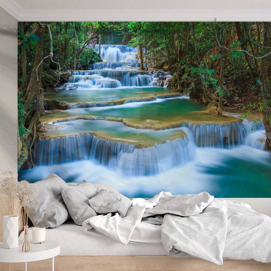 1 tấm thảm trang trí thác nước nhiều lớp có 3 móc treo tường và 2 kẹp, vải treo tường in hình chữ nhật có hiệu ứng phủ, trang trí phòng ngủ với bầu không khí tự nhiên, đồ trang trí nhà cửa, đồ trang trí phòng, cờ cho phòng, đồ dùng trong phòng, thảm trang trí tường - Nhiều màu - Xem 1