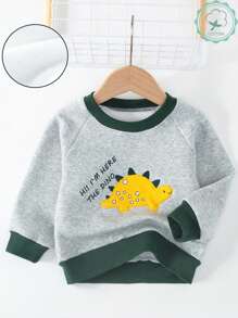 [特价] 小男孩保暖内衬加厚连帽运动衫，带刺绣恐龙图案，插肩袖 - 綠色 - 查看 1