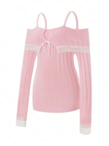 Women Y2k Off Shoulder Tops Slim Fit Long Sleeve Shirt Vintage Ribbed Lace Trim Knit Crop Tee Solid Bow Front Sweater Streetwear - Hồng - Xem 7