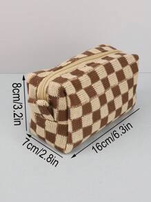 1 件格纹铅笔盒，返校，学校用品，铅笔袋，书包 - 棕色 - 查看 13