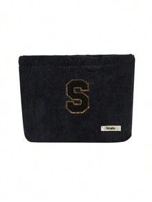 Túi cầm tay nhung kẻ, Túi đựng đồ trang điểm, Túi đựng đồ sọc đơn giản khi đi du lịch, Khăn đen thêu chữ A-Z, Ví đựng mỹ phẩm màu trơn, Túi đựng đồ trang điểm du lịch nhung kẻ dung tích lớn: Hoàn hảo cho việc làm đẹp khi di chuyển! Túi đựng đồ mỹ phẩm du lịch, Đơn giản và cao cấp, Đựng phụ kiện, Thích hợp để cất giữ trong ký túc xá, Du lịch, Đi công tác, Bơi lội, Đựng đồ tại nhà - màu đen - Xem 22