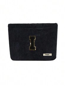 Túi cầm tay nhung kẻ, Túi đựng đồ trang điểm, Túi đựng đồ sọc đơn giản khi đi du lịch, Khăn đen thêu chữ A-Z, Ví đựng mỹ phẩm màu trơn, Túi đựng đồ trang điểm du lịch nhung kẻ dung tích lớn: Hoàn hảo cho việc làm đẹp khi di chuyển! Túi đựng đồ mỹ phẩm du lịch, Đơn giản và cao cấp, Đựng phụ kiện, Thích hợp để cất giữ trong ký túc xá, Du lịch, Đi công tác, Bơi lội, Đựng đồ tại nhà - màu đen - Xem 23