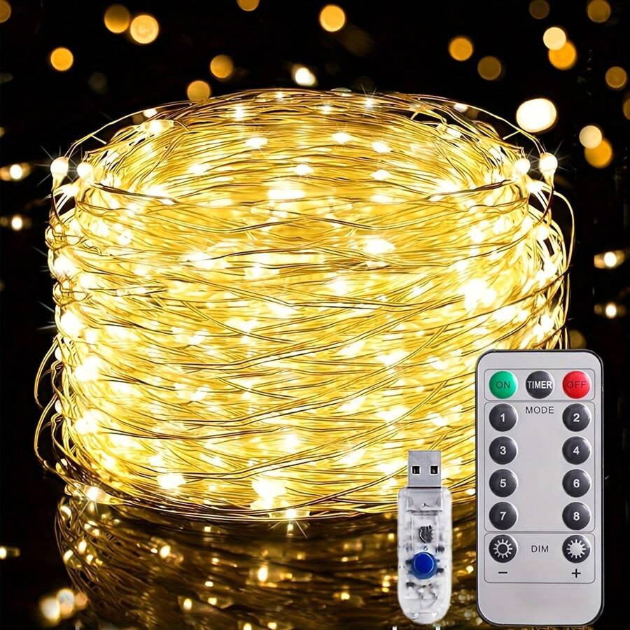 1 dây đèn USB Fairy Light, 66ft 200LED 33ft 100 LED 16,4ft 50LED Đèn dây bạc đổi màu với 8 chế độ chiếu sáng Điều khiển từ xa cho trần phòng ngủ thủ công Trang trí Halloween Giáng sinh, Đèn dây đồng nhiều màu
