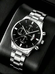 1pc Men Round Pointer Date Quartz Watch & 1pc Bracelet