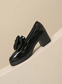 女士黑色蝴蝶结装饰高跟一脚蹬高跟鞋，粗跟休闲日常鞋，适合四季 - 黑色 - 查看 3