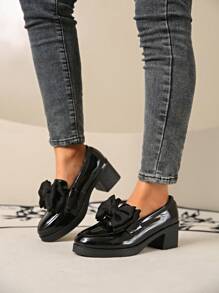 女士黑色蝴蝶结装饰高跟一脚蹬高跟鞋，粗跟休闲日常鞋，适合四季 - 黑色 - 查看 4