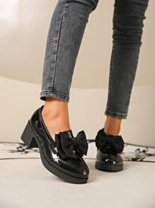 女士黑色蝴蝶结装饰高跟一脚蹬高跟鞋，粗跟休闲日常鞋，适合四季 - 黑色 - 查看 1