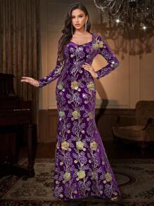 优雅长袖亮片美人鱼晚礼服，正式舞会礼服，适合婚礼嘉宾、毕业典礼、晚宴 - 紫色 - 查看 1