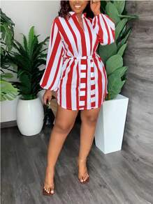Striped Print Lantern Sleeve Simple Short Dress, Casual For Everyday Wear - Red and White - View 2