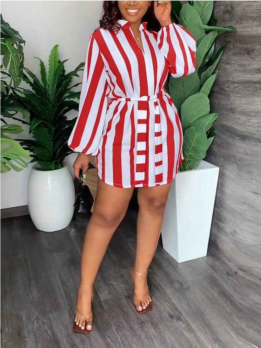 Striped Print Lantern Sleeve Simple Short Dress, Casual For Everyday Wear