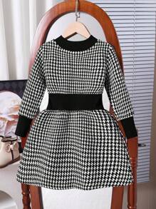 Vestido estilo vintage macio e confortável para meninas, manga longa, cintura marcada, primavera/outono; Vestido clássico com punho canelado e gola redonda para meninas; Roupa infantil minimalista versátil para lazer ao ar livre, moda feminina ativa e elegante, estação de outono - Multicolorido - Ver 2