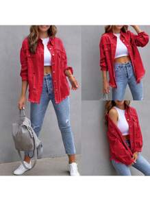 Women's Jeans Coat Ripped Distressed Denim Jacket Long Sleeve Button Down Boyfriend Jeans Coat Trucker Jacket - Red - View 3