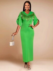 Women's Sparkle Sequin Fringe V-Neck Flare Sleeve Straight Dress, Elegant Cocktail Semi Formal Prom Dress, For Birthday, Wedding Guest, Graduation, Dinner, Homecoming